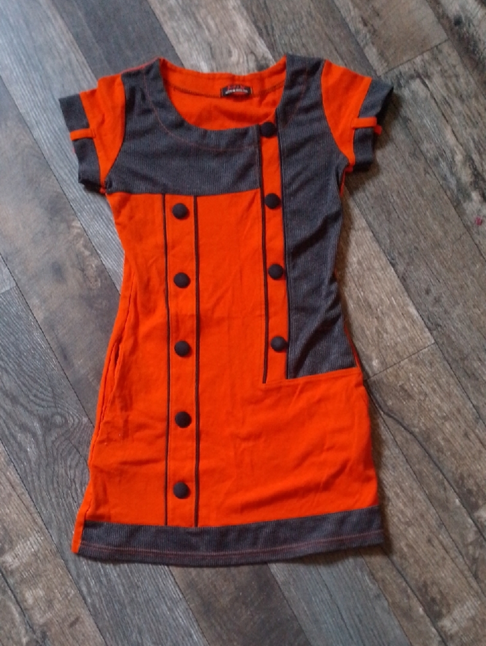 Stunning Orange Pencil Dress With Asymmetrical Gray Patch Work & Buttons Cotton